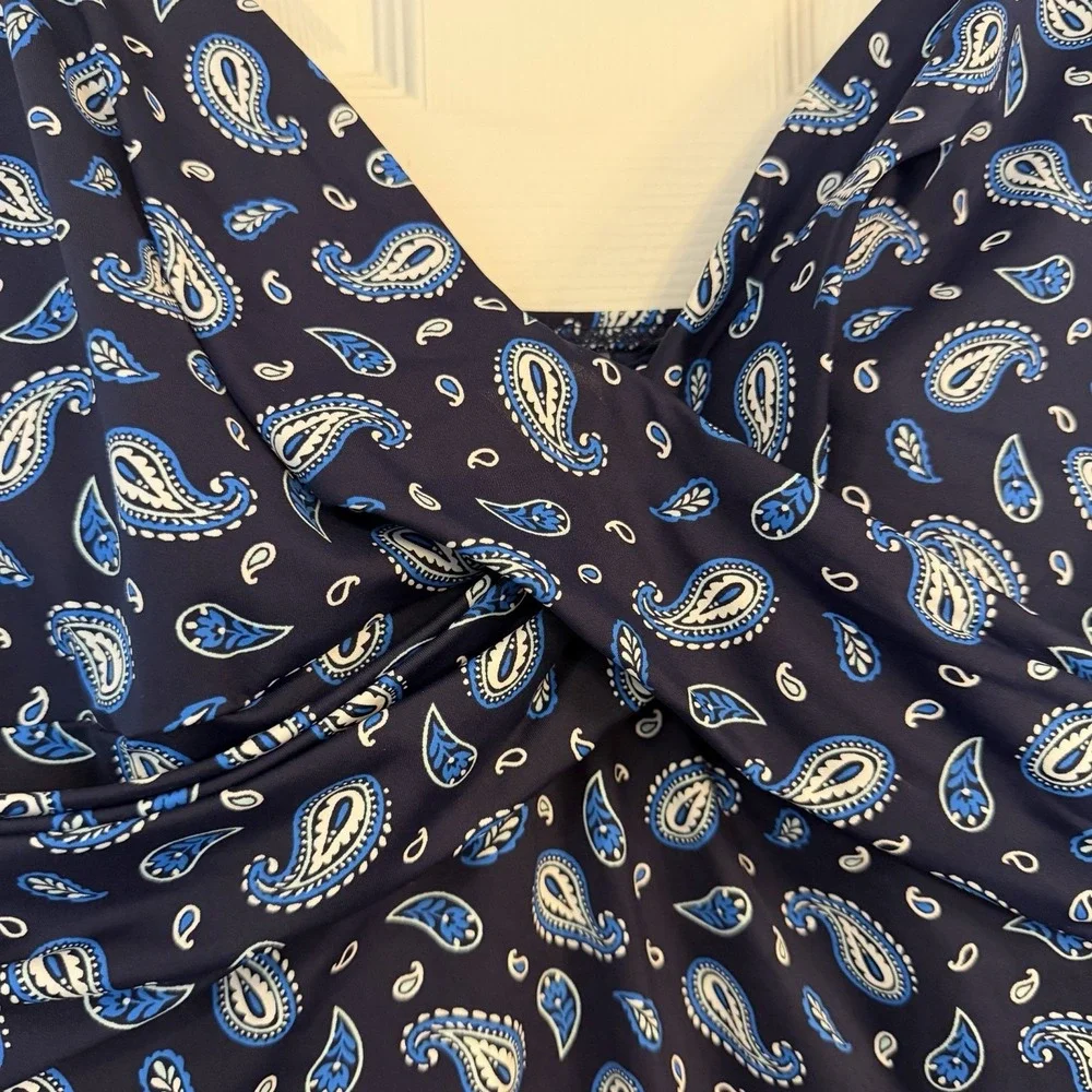 Lands End Tankini Swim‎ Top 18W Navy Paisley Underwire Bra Adjustable Modest EUC